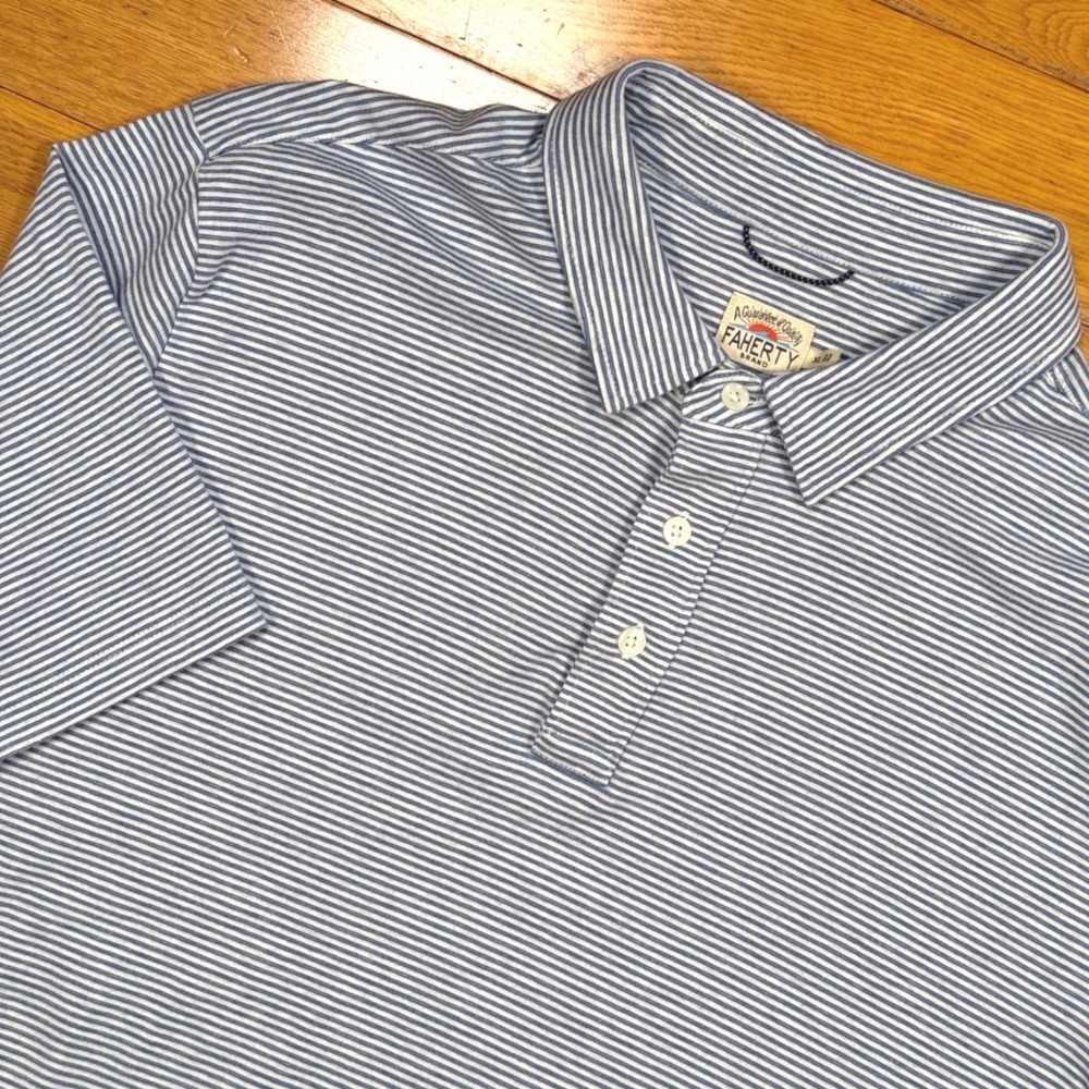 FAHERTY BRAND Mens Striped Polo Shirt Size‎ XL Blue White Short Sleeve Casual